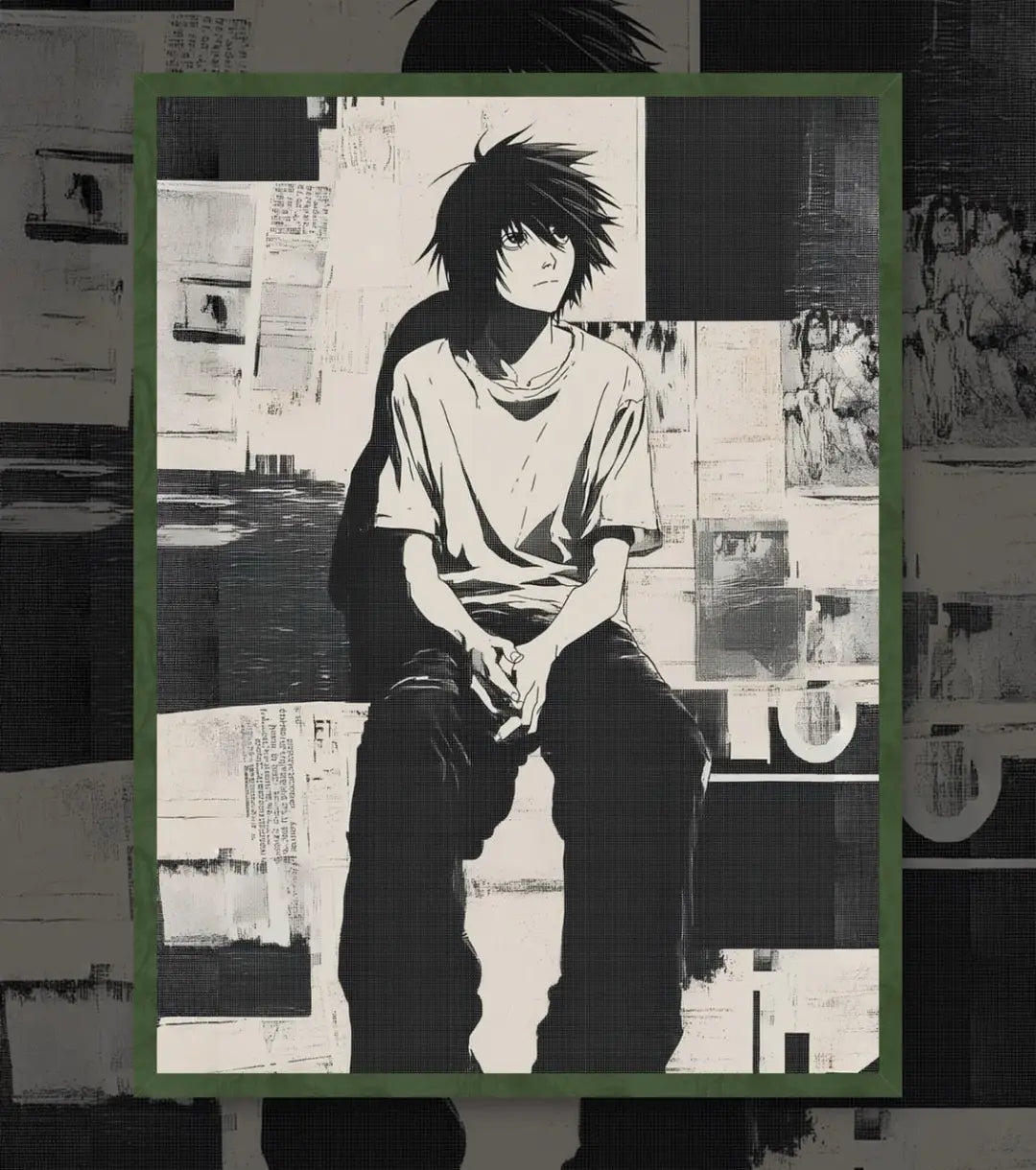 Death Note L Poster | Minimal Black & White Anime Wall Art - A4 / Bottle Green - Death Note