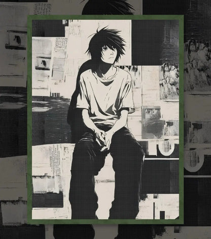 Death Note L Poster | Minimal Black & White Anime Wall Art - A4 / Bottle Green - Death Note