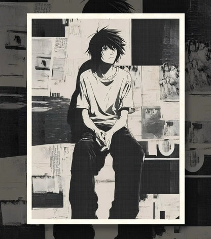 Death Note L Poster | Minimal Black & White Anime Wall Art - A4 / White frame - Death Note
