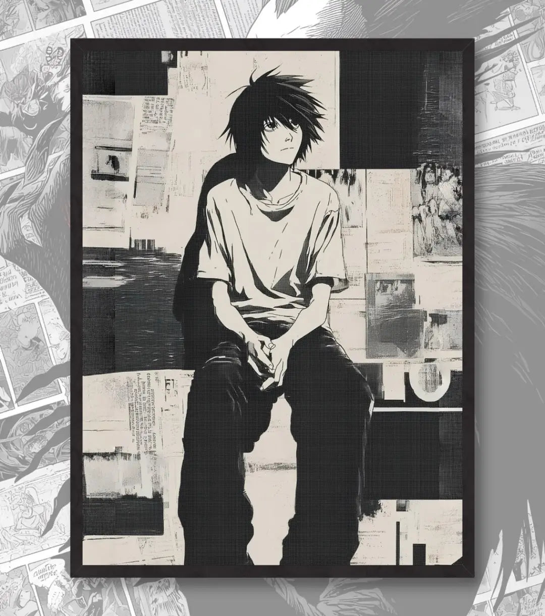 Death Note L Poster | Minimal Black & White Anime Wall Art - A4 / Black Frame - Death Note