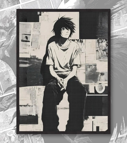 Death Note L Poster | Minimal Black & White Anime Wall Art - A4 / Black Frame - Death Note