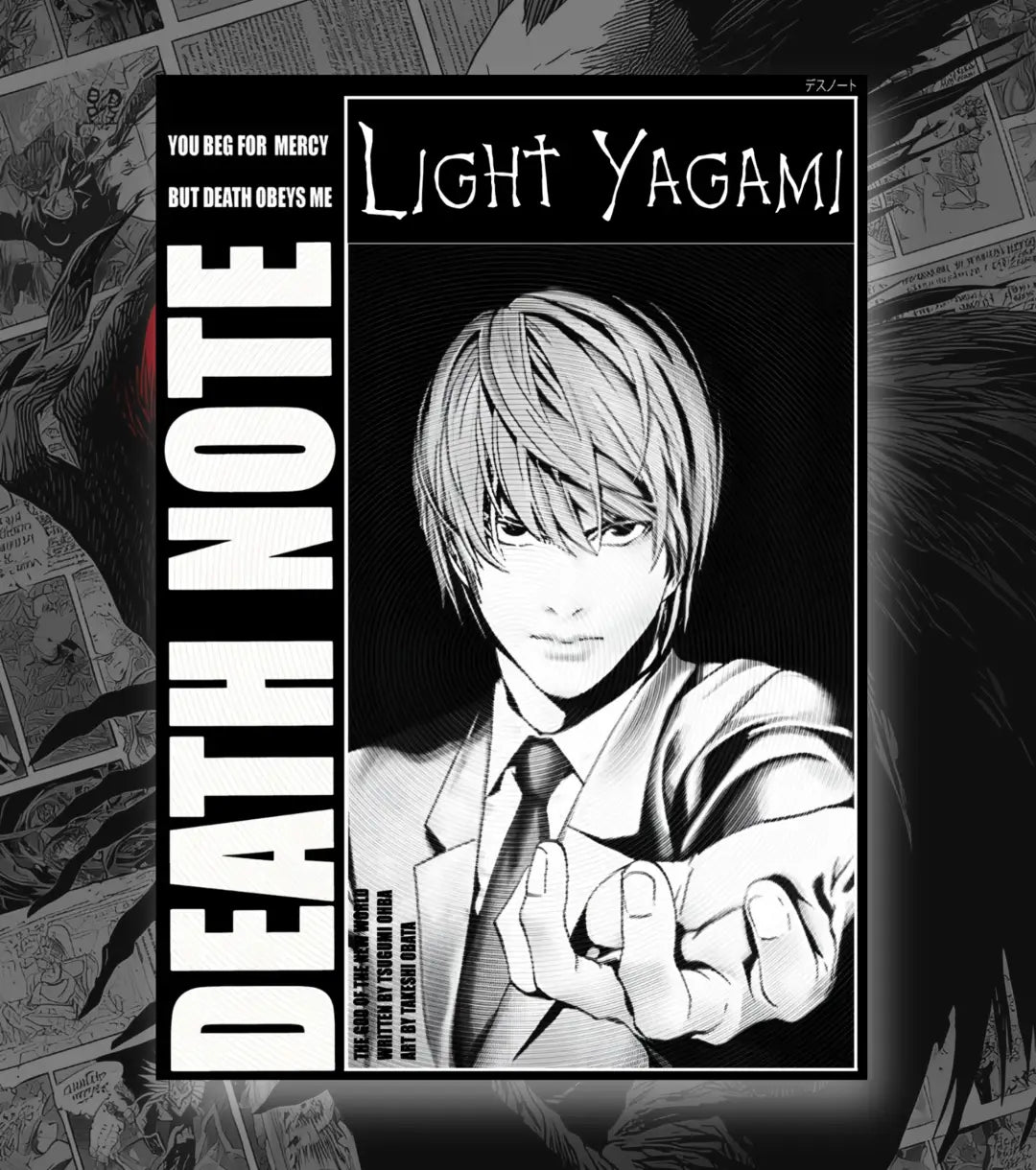 Death Note Light Yagami & L Poster | Black & White Manga Art - Death Note