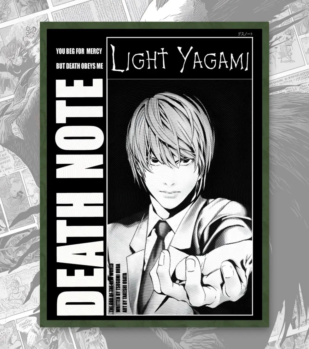 Death Note Light Yagami & L Poster | Black & White Manga Art - A4 / Light / Bottle Green - Death Note