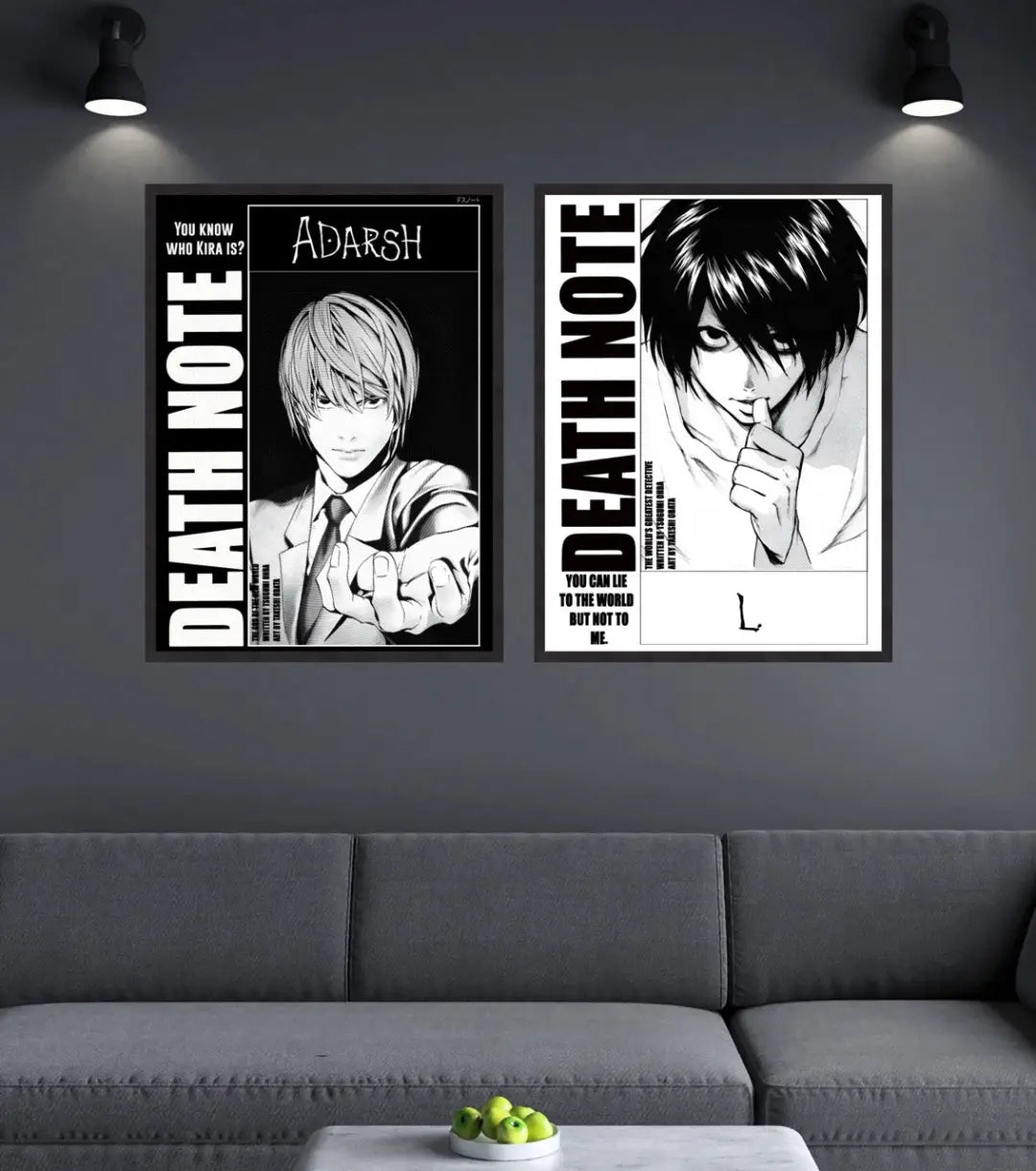 Death Note Light Yagami & L Poster | Black & White Manga Art - A4 / Both / Black Frame - Death Note