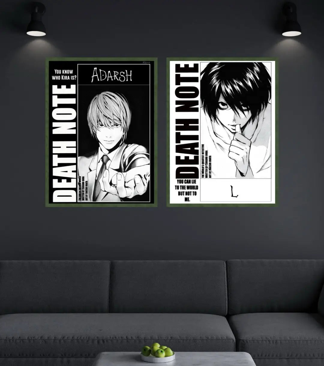 Death Note Light Yagami & L Poster | Black & White Manga Art - A4 / Both / Bottle Green - Death Note