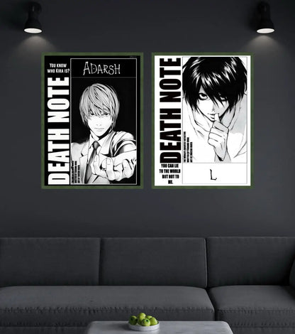 Death Note Light Yagami & L Poster | Black & White Manga Art - A4 / Both / Bottle Green - Death Note