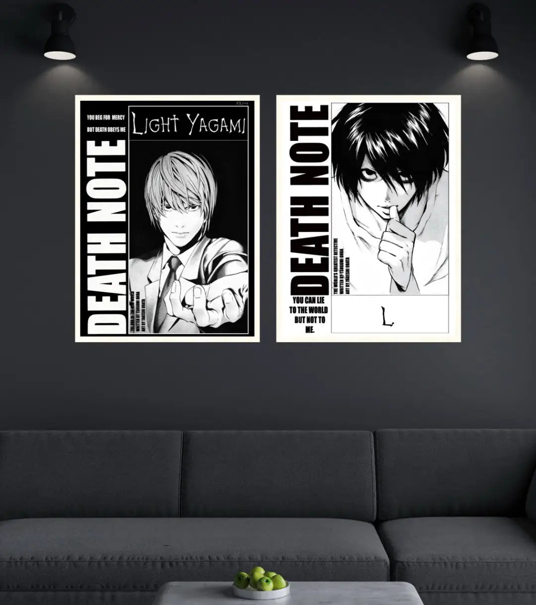 Death Note Light Yagami & L Poster | Black & White Manga Art - A4 / Both / White frame - Death Note