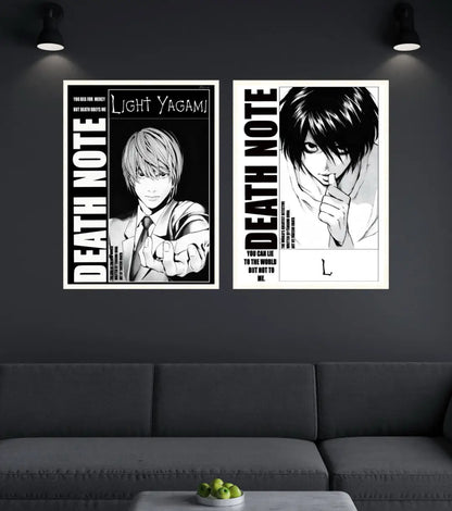 Death Note Light Yagami & L Poster | Black & White Manga Art - A4 / Both / White frame - Death Note