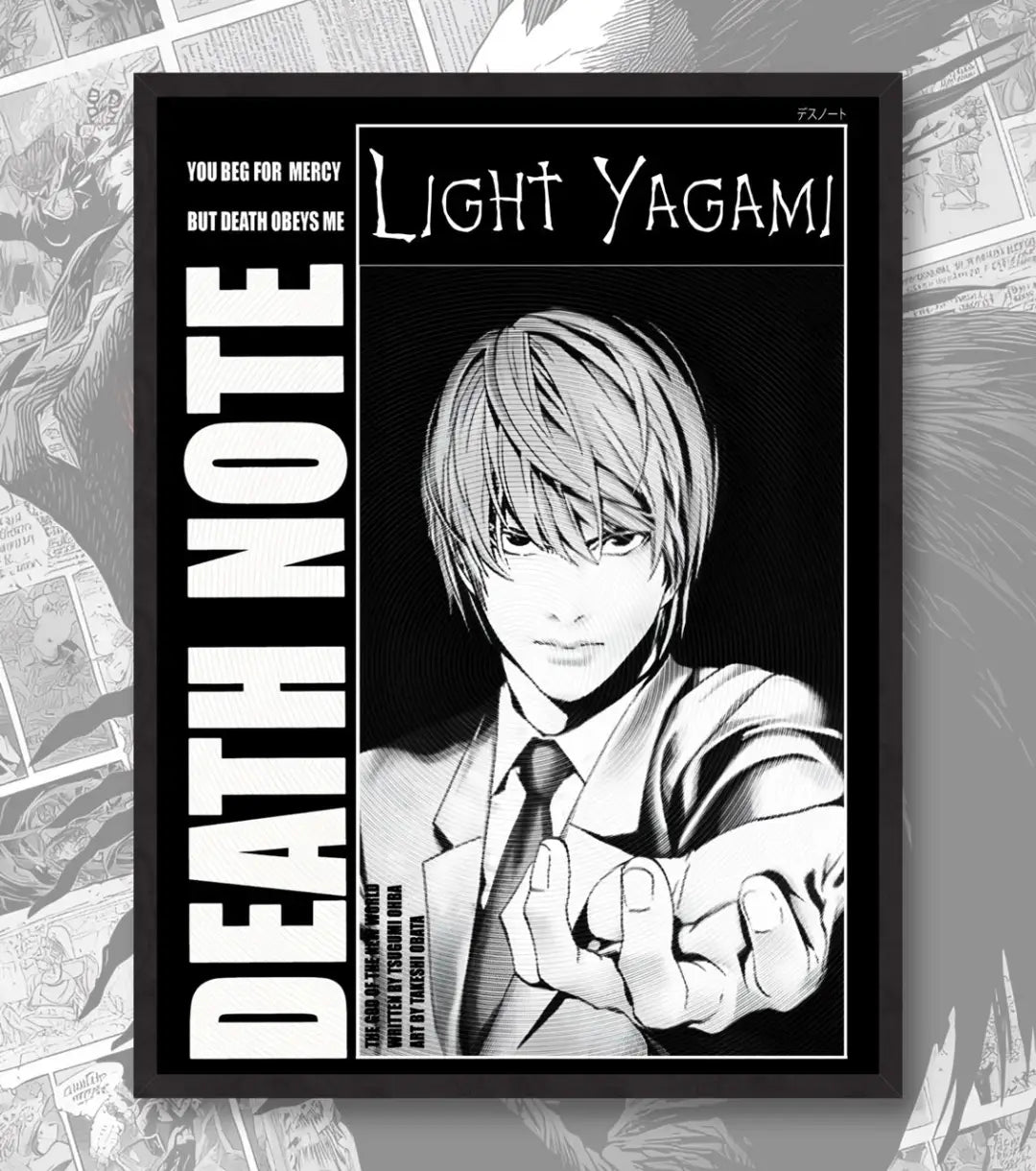 Death Note Light Yagami & L Poster | Black & White Manga Art - A4 / Light / Black Frame - Death Note