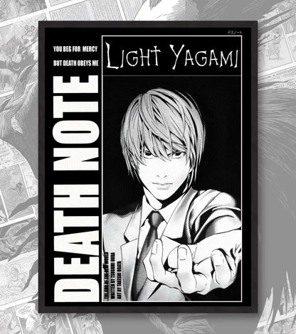 Death Note Light Yagami & L Poster | Black & White Manga Art - A4 / Light / Black Frame - Death Note