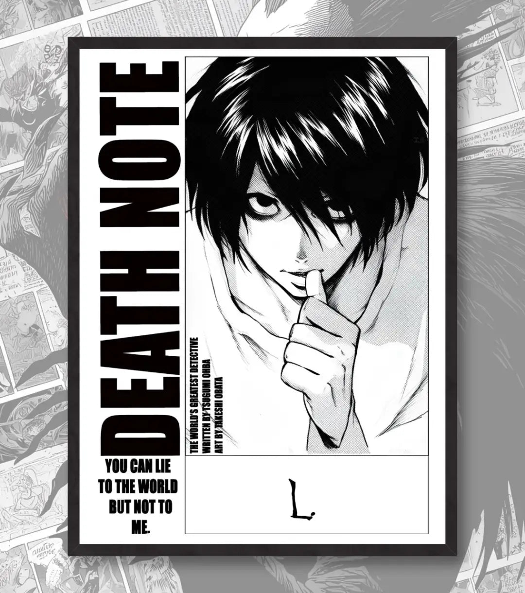 Death Note Light Yagami & L Poster | Black & White Manga Art - A4 / L / Black Frame - Death Note
