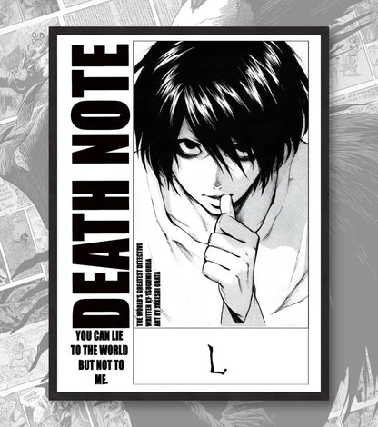 Death Note Light Yagami & L Poster | Black & White Manga Art - A4 / L / Black Frame - Death Note