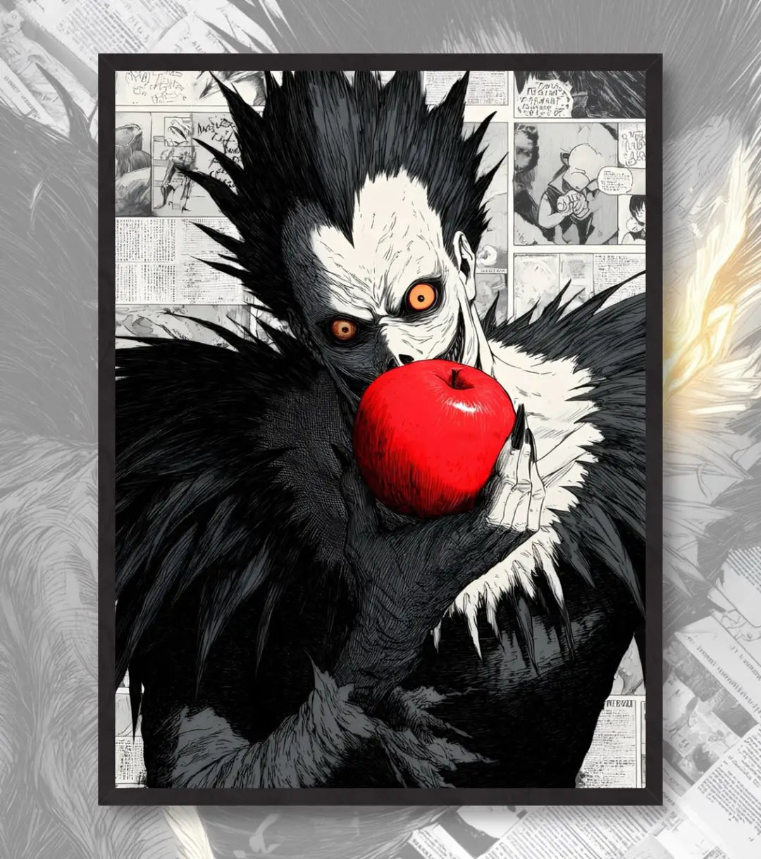 Death Note Ryuk Apple Poster | Iconic Shinigami Wall Art - A4 / Black Frame - Death Note