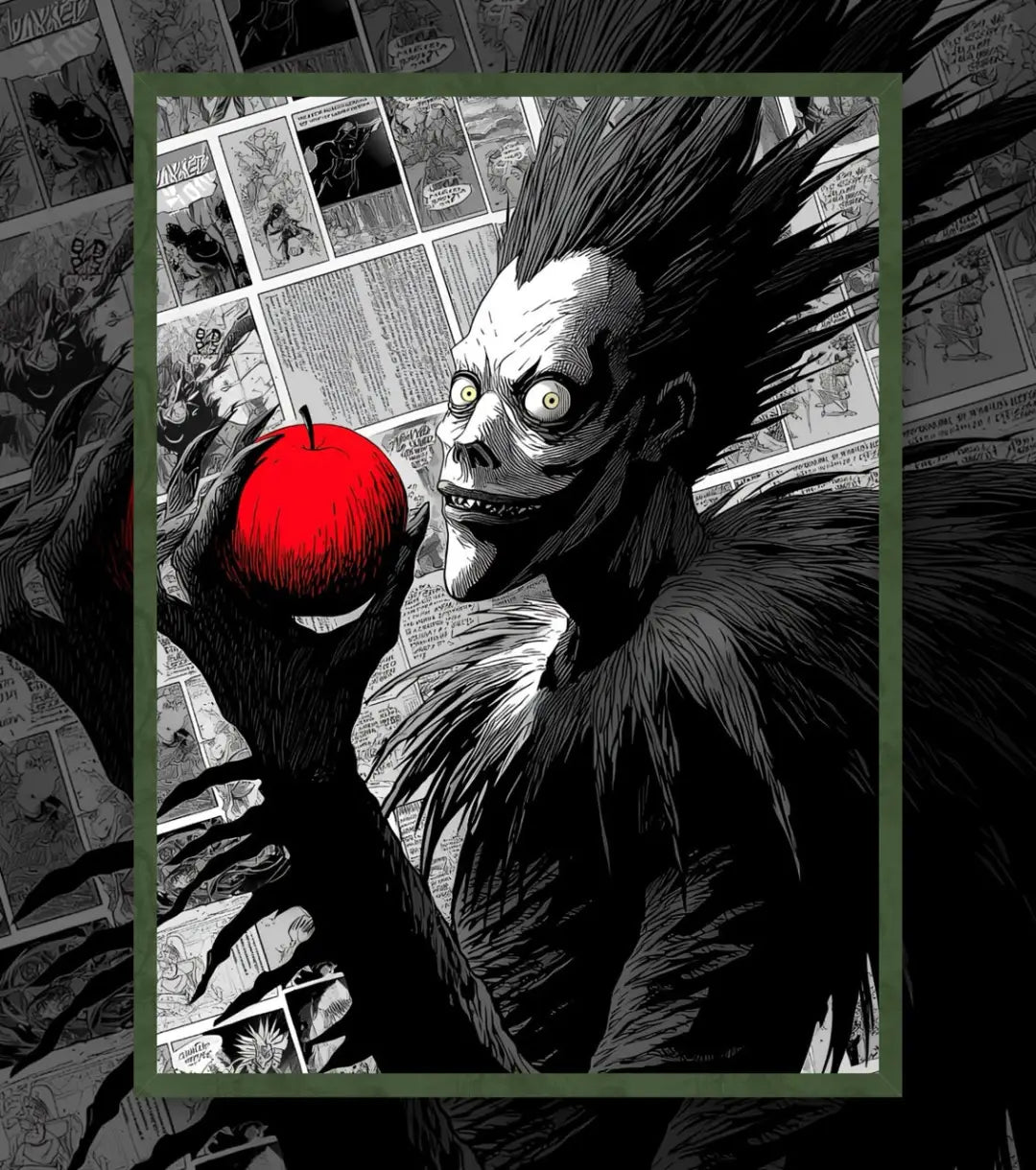 Death Note Ryuk Apple Poster | Moody Anime Wall Art - A4 / Bottle Green - Death Note