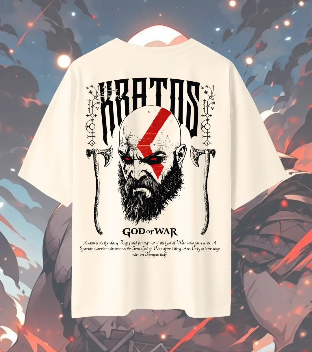 God of War T-Shirt – Kratos Warrior Graphic Print | 240 GSM Oversized White Gamer Tee - Beige / XS / 180GSM - God of War