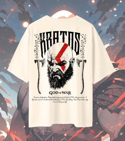 God of War T-Shirt – Kratos Warrior Graphic Print | 240 GSM Oversized White Gamer Tee - Beige / XS / 180GSM - God of War