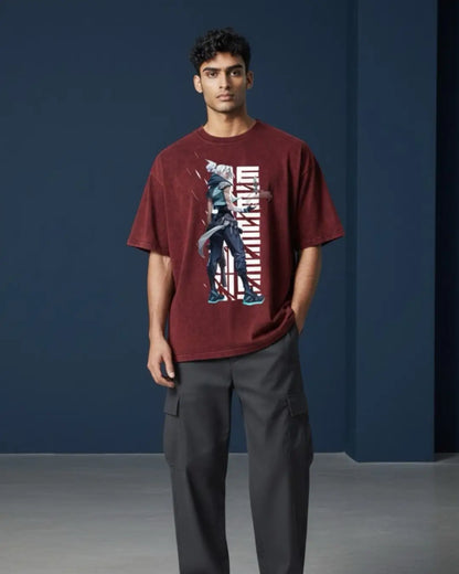 Jett – Stormchaser Valorant Acid Wash Tee | Bold Gamer Streetwear - Maroon / XS - Valorant