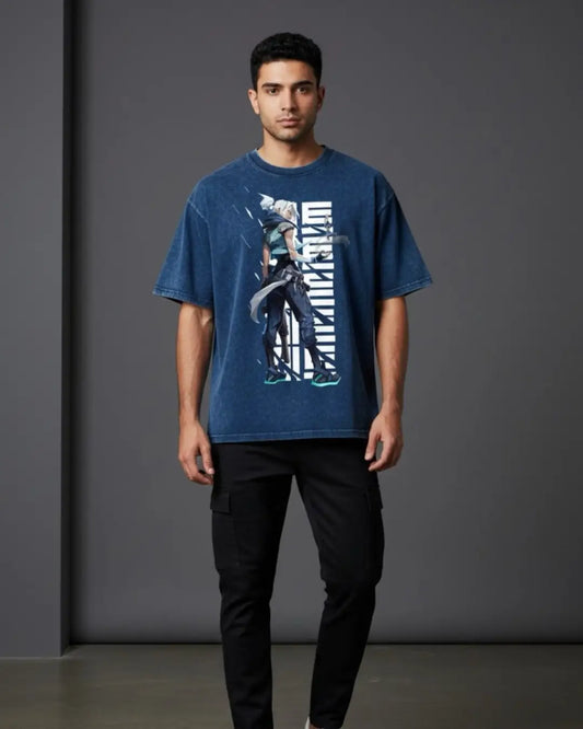 Jett – Stormchaser Valorant Acid Wash Tee | Bold Gamer Streetwear - Navy / XS - Valorant