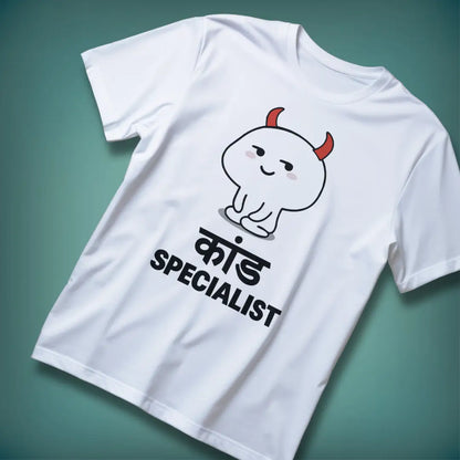 Kaand Specialist – Funny Desi Devil Cartoon T-Shirt for Mischief Makers - White / S