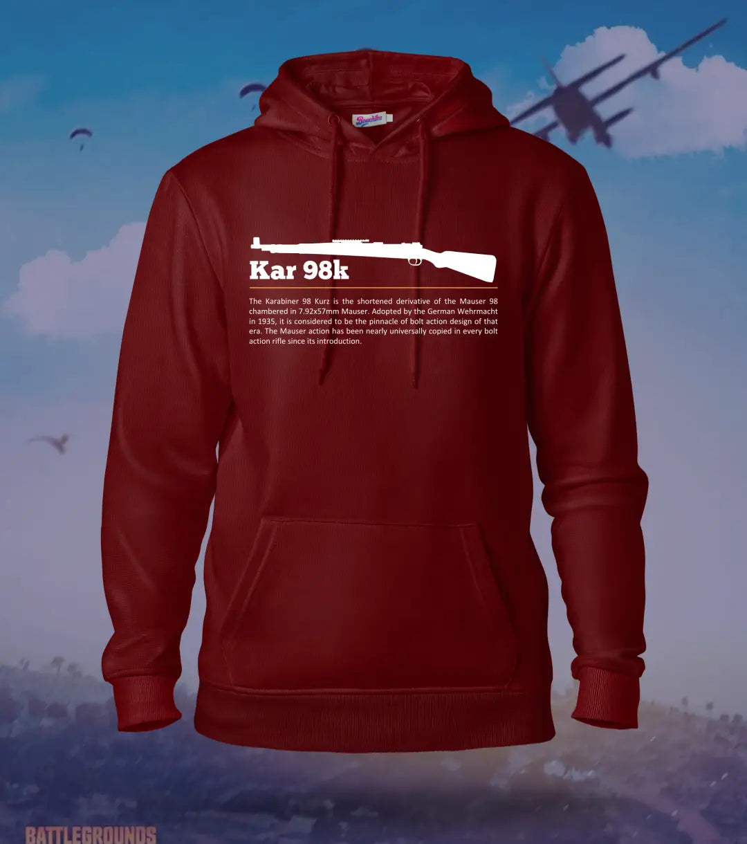 Kar 98k Precision Hoodie – Vintage Sniper Gear BGMI | 300 GSM Brushed Fleece - Maroon / XS / Regular - BGMI/PUBG