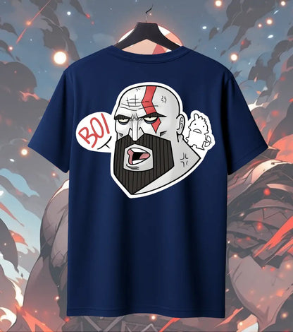 Kratos “BOI” Graphic Oversized T-Shirt – Minimal Gamer Streetwear Tee for Men - Back (Dual Print) / Navy / S - God