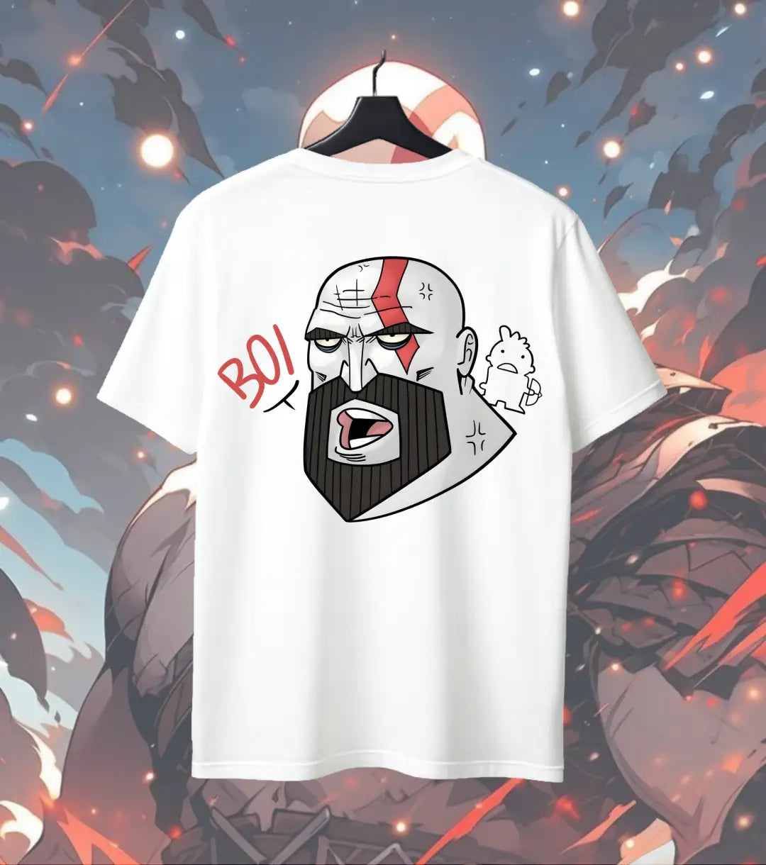 Kratos “BOI” Graphic Oversized T-Shirt – Minimal Gamer Streetwear Tee for Men - Back (Dual Print) / White / S - God