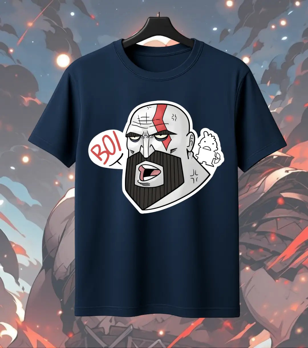 Kratos “BOI” Graphic Oversized T-Shirt – Minimal Gamer Streetwear Tee for Men - Front Only / Navy / S - God of War