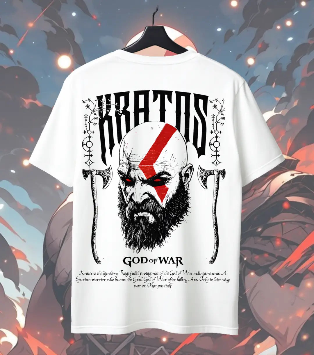 Kratos Warrior Graphic Oversized T-Shirt – God of War Inspired Mythic Streetwear T-Shirt - Back (Dual Print) / White