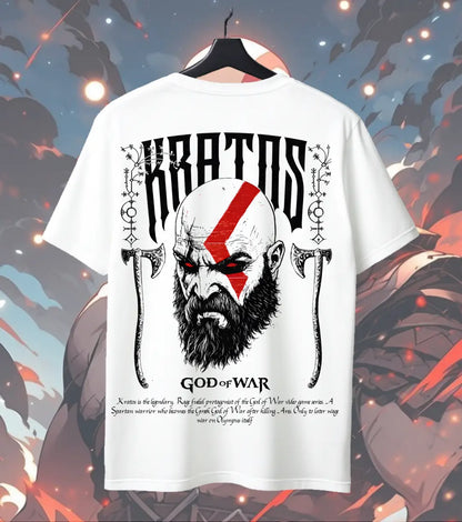 Kratos Warrior Graphic Oversized T-Shirt – God of War Inspired Mythic Streetwear T-Shirt - Back (Dual Print) / White