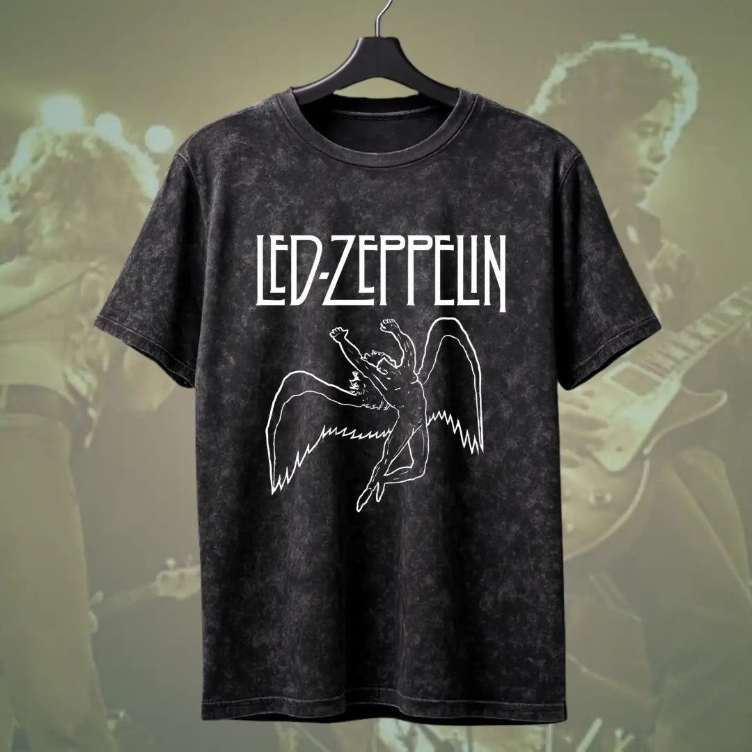 Led Zeppelin Classic Wings Acid Wash Tee - Black / S - Music Enthusiast
