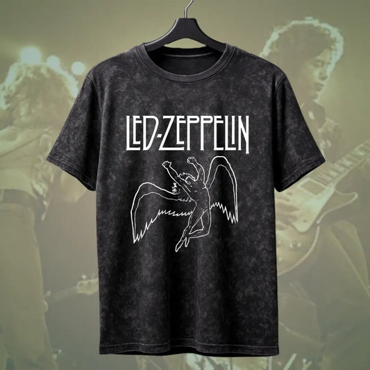 Led Zeppelin Classic Wings Acid Wash Tee - Black / S - Music Enthusiast