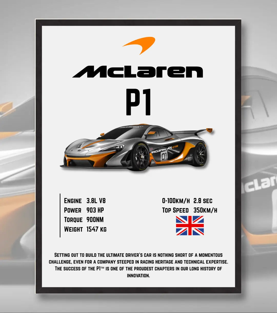McLaren P1 Supercar Poster - A4 / Black Frame - Automotive