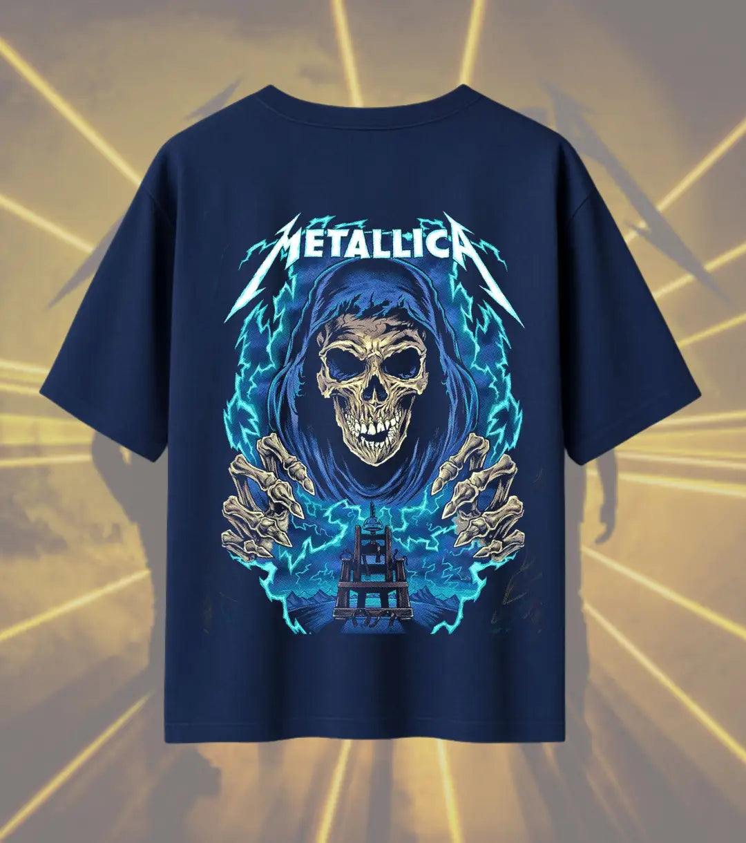 Metallica Hooded Grim Reaper Graphic T-Shirt | Lightning Skull Heavy Metal Rock Band Tee | Premium Cotton Unisex
