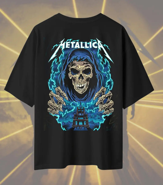 Metallica Hooded Grim Reaper Graphic T-Shirt | Lightning Skull Heavy Metal Rock Band Tee | Premium Cotton Unisex