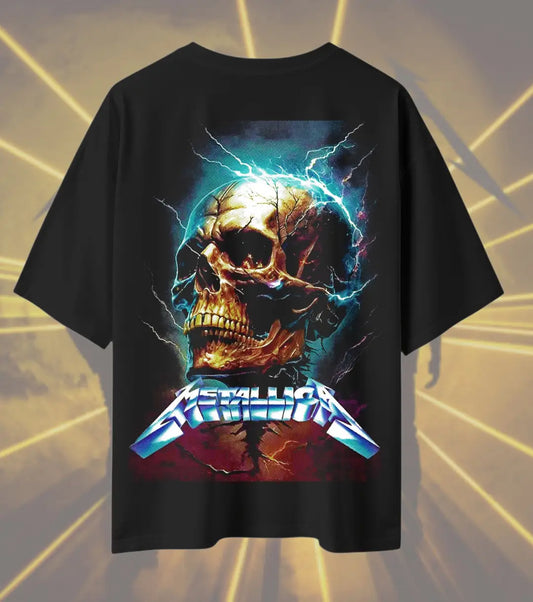 Metallica Lightning Skull Graphic T-Shirt | Electric Skull Heavy Metal Rock Band Tee | Premium Cotton Unisex Oversized