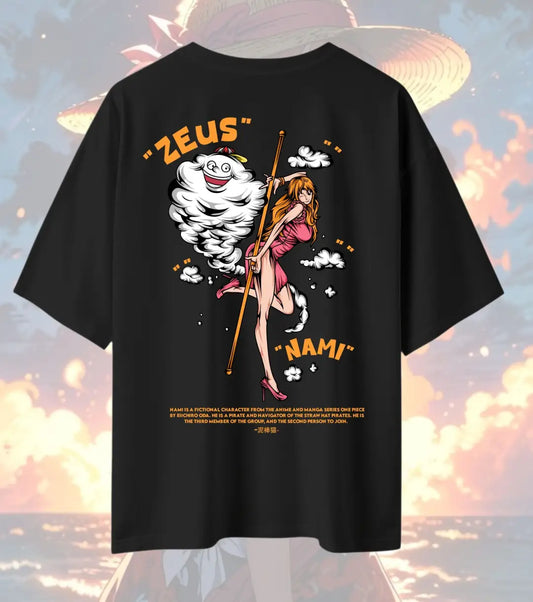 Nami Oversized T-Shirt – One Piece Anime Streetwear | Zeus Weather Power Graphic Tee - Black / XS / 180GSM - One Piece