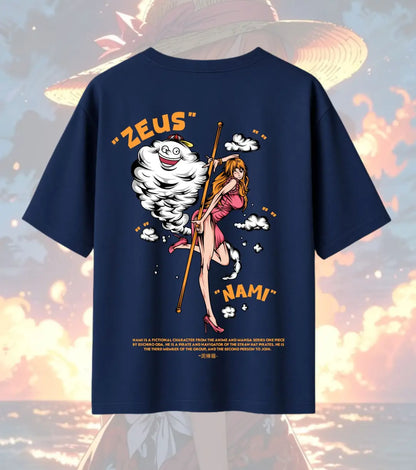 Nami Oversized T-Shirt – One Piece Anime Streetwear | Zeus Weather Power Graphic Tee - Navy / XS / 180GSM - One Piece