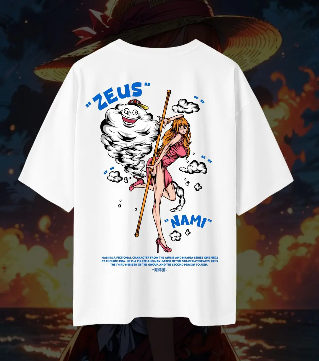 Nami Oversized T-Shirt – One Piece Anime Streetwear | Zeus Weather Power Graphic Tee - White / XS / 180GSM - One Piece