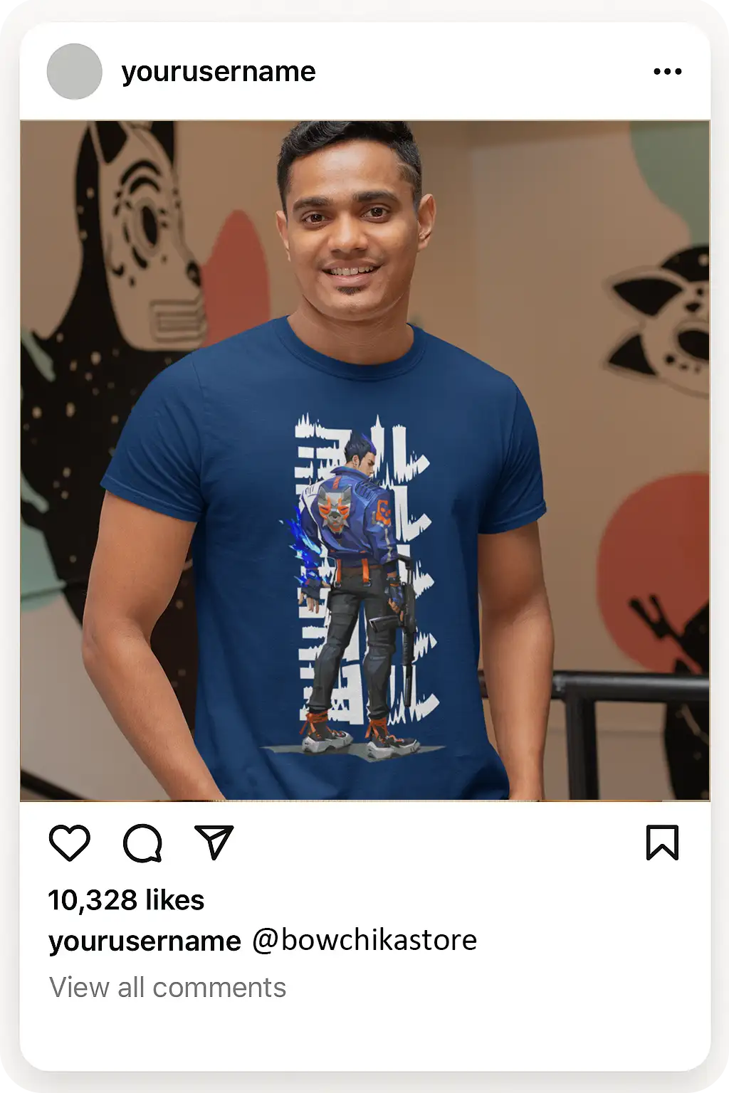 Navy blue t-shirt featuring a detailed graphic of a character in futuristic gear with glowing blue energy effects and stylized white text elements.