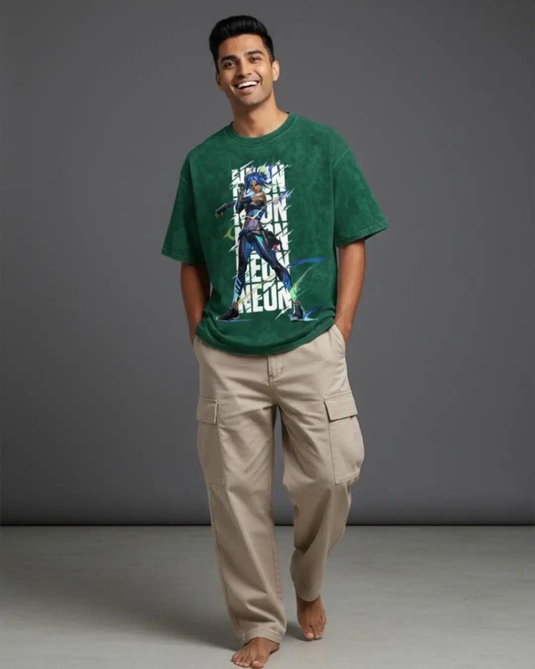 Neon – Speed Surge Valorant Acid Wash Tee | Bold Gamer Streetwear - Bottle Green / XS - Valorant