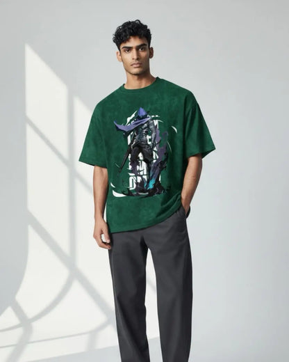 Omen – Shadow Reaper Valorant Acid Wash Tee | Bold Gamer Streetwear - Bottle Green / XS - Valorant