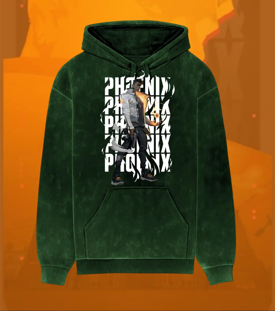 Phoenix – Blazing Rebirth Valorant Acid Wash Hoodie | Premium Gamer Streetwear - Bottle Green / XS - Valorant