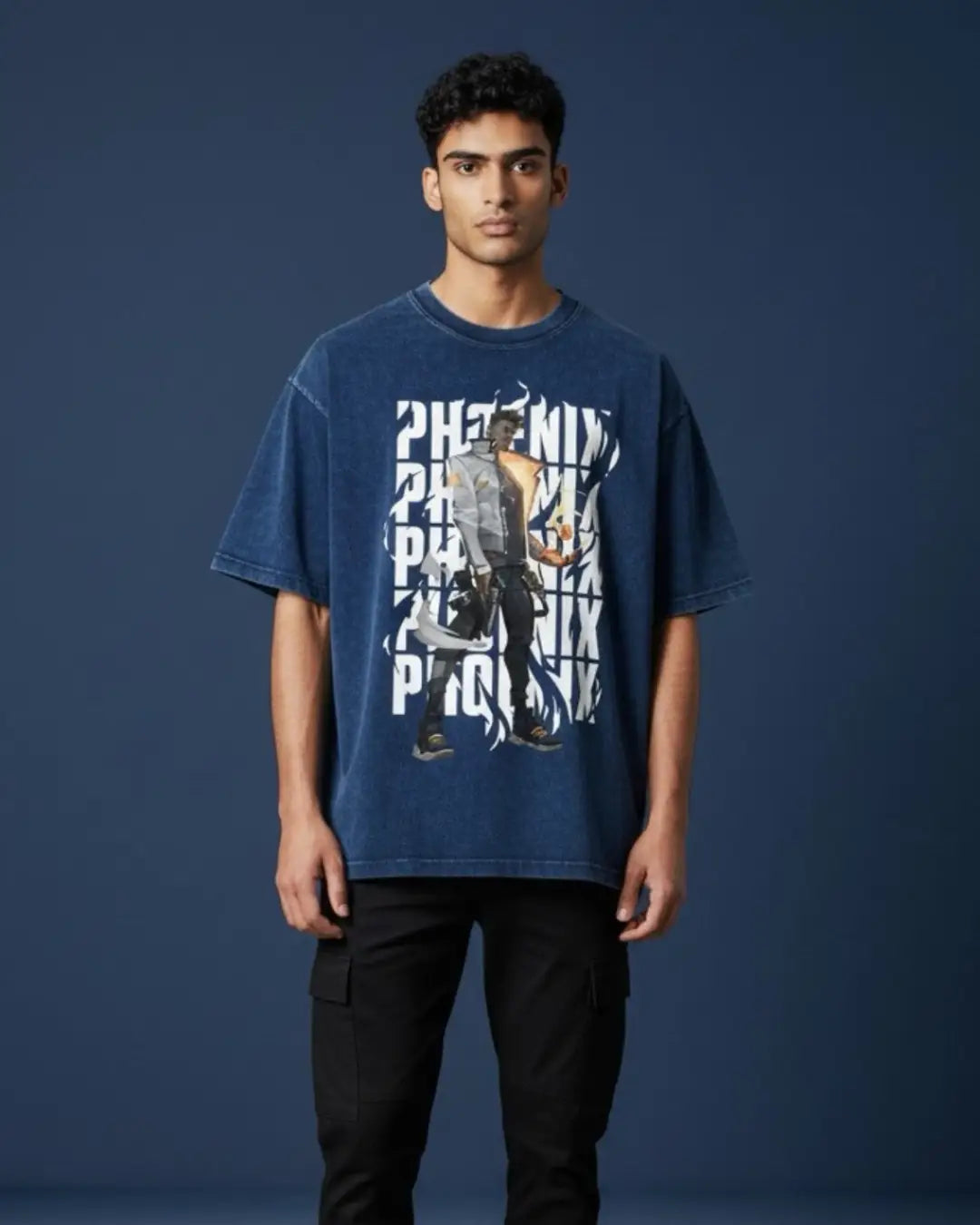 Phoenix – Blazing Rebirth Valorant Acid Wash Tee | Bold Gamer Streetwear - Navy / XS - Valorant