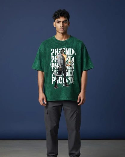 Phoenix – Blazing Rebirth Valorant Acid Wash Tee | Bold Gamer Streetwear - Bottle Green / XS - Valorant