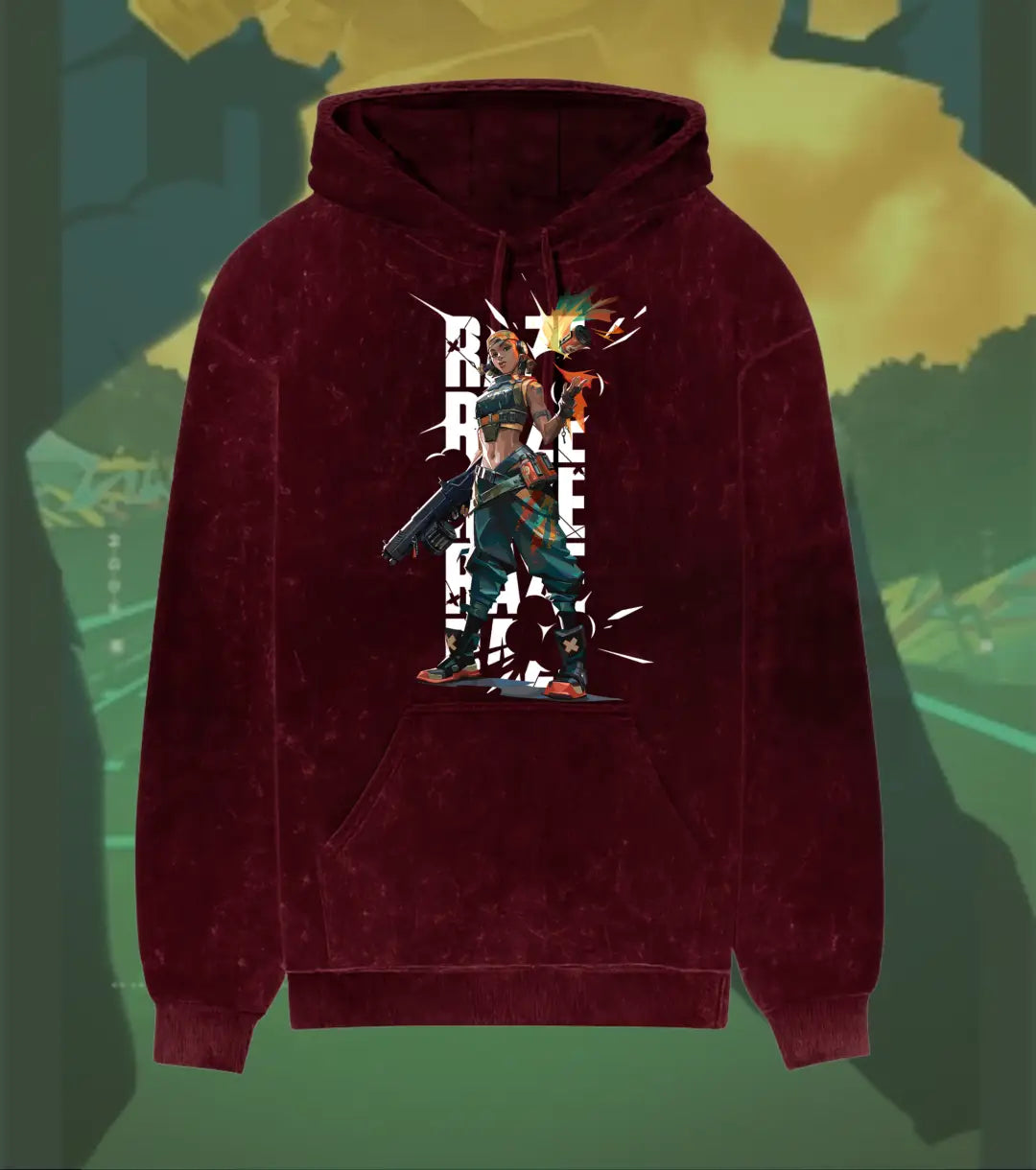 Raze – Blast Artist Valorant Acid Wash Hoodie | Premium Gamer Streetwear - Maroon / XS - Valorant