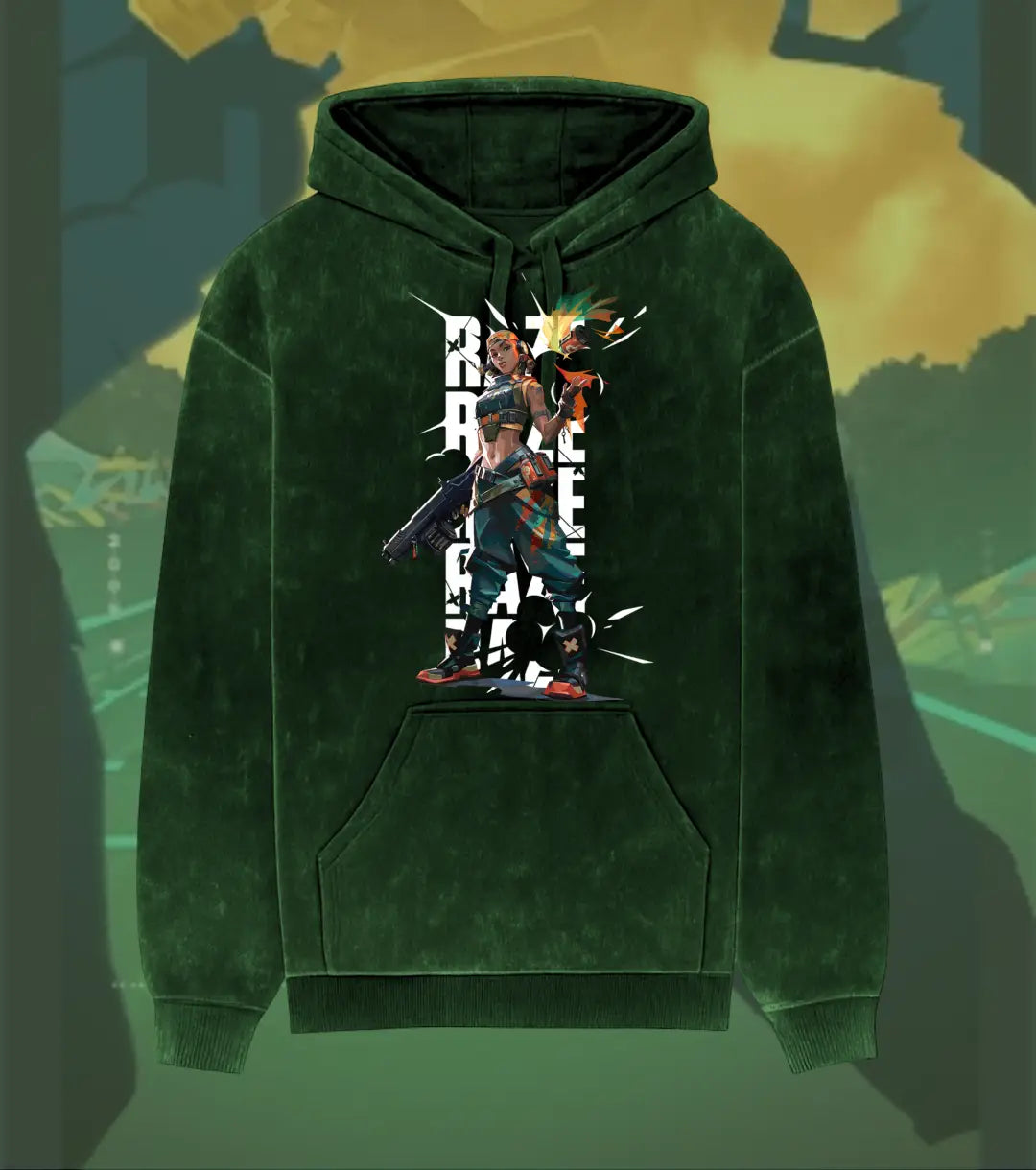 Raze – Blast Artist Valorant Acid Wash Hoodie | Premium Gamer Streetwear - Bottle Green / XS - Valorant