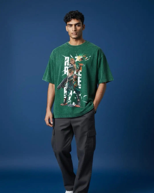 Raze – Blast Artist Valorant Acid Wash Tee | Bold Gamer Streetwear - Bottle Green / XS - Valorant