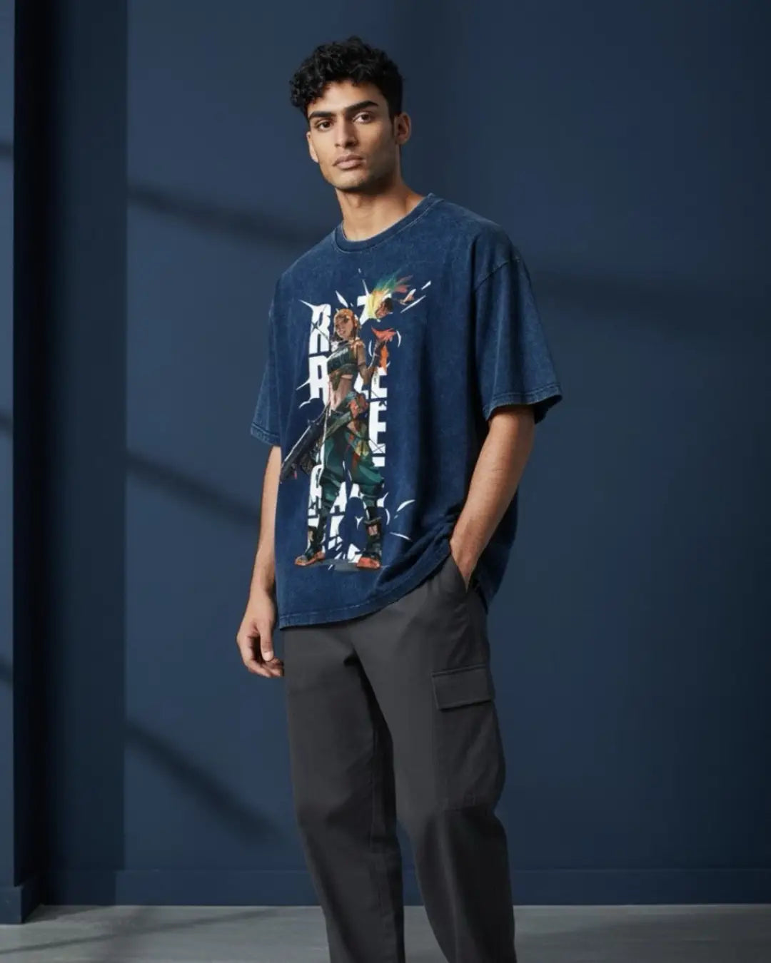 Raze – Blast Artist Valorant Acid Wash Tee | Bold Gamer Streetwear - Navy / XS - Valorant