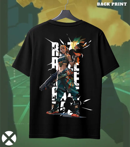 Raze - Boom Mode Valorant T Shirt | Loud & Legendary Tee - Back (Duel Print) / Black / S - Valorant
