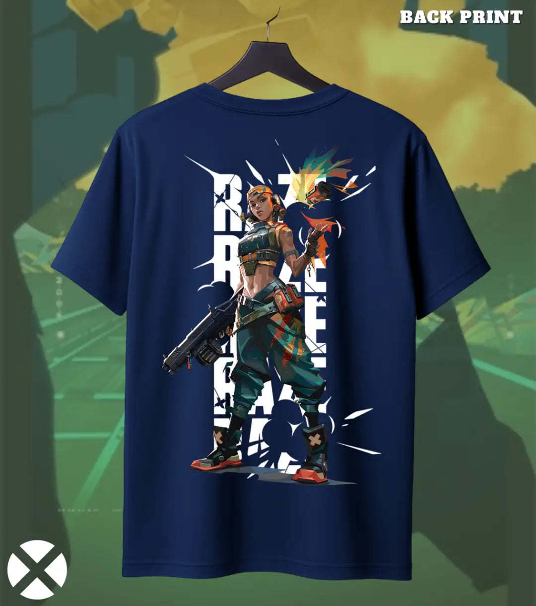 Raze - Boom Mode Valorant T Shirt | Loud & Legendary Tee - Back (Duel Print) / Navy / S - Valorant